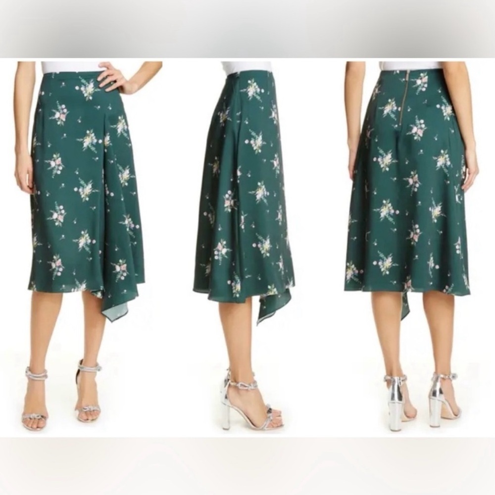Ted Baker London Anabell Flourish Asymmetric Floral Midi Skirt Green Pink Sz 3